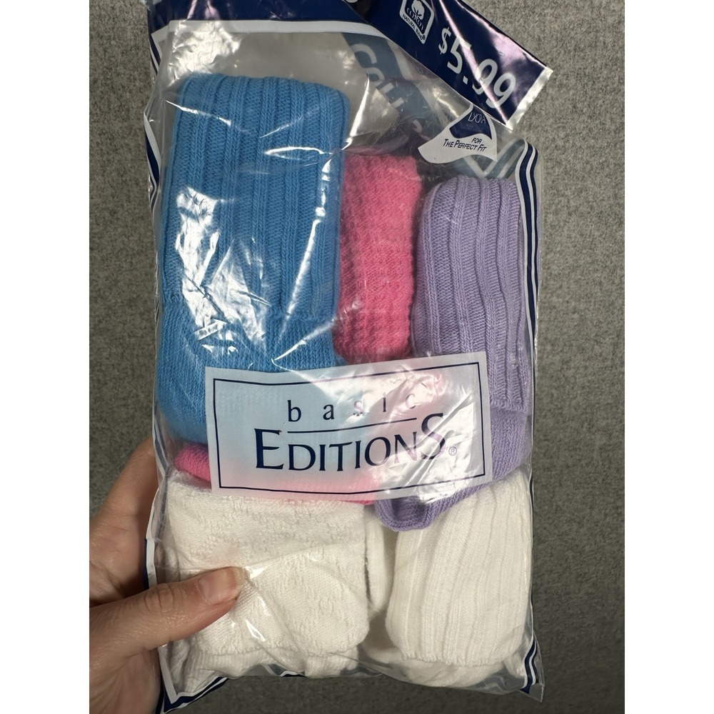Vintage Basic Editions 90s Socks Shoe Size 4-9 Texture Rib Cuff 5 Pair Colorful